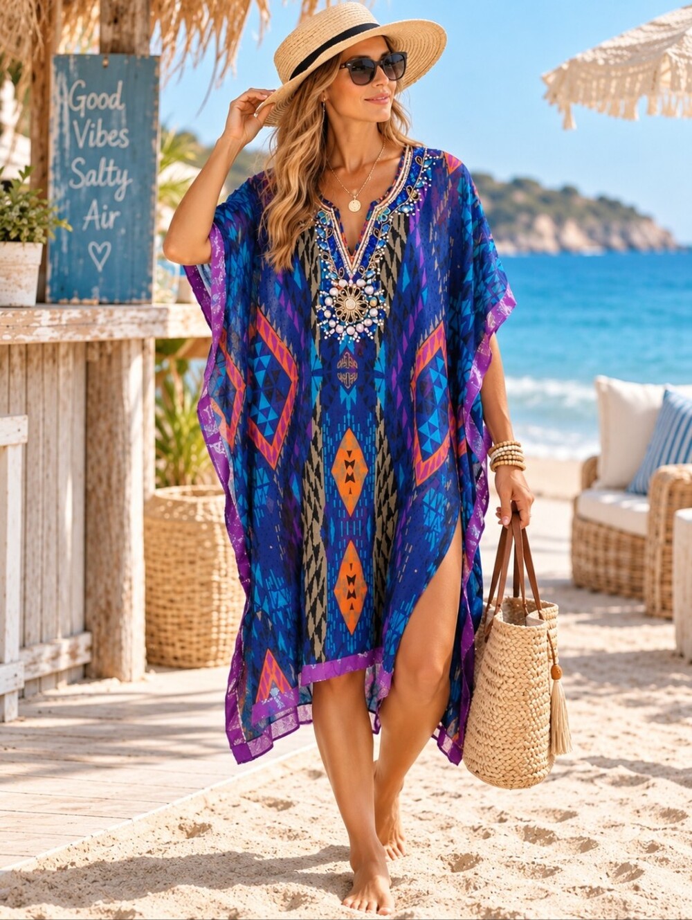 Lucky & Coco Tribal Beaded Caftan Cover-Up Size L Aztec Navajo Beach Sheer Boho